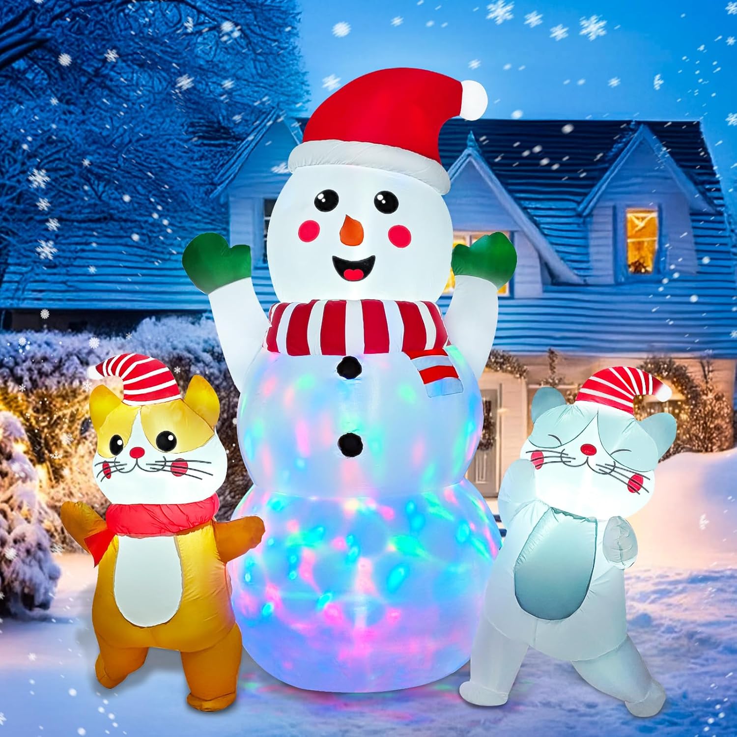 image6FT Snowman Inflatable Christmas Decorations Outdoor Christmas Blow Ups Snow Man with Cats with Colorful Rotating Led Lights for Outdoor Yard Decoration Cute Xmas Decor for Patio Garden Lawn