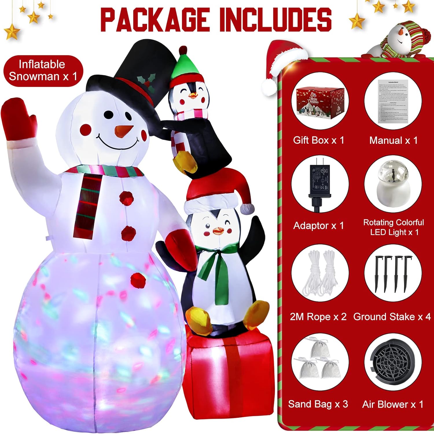 imageOurWarm 6ft Christmas Inflatables Outdoor Decorations Snowman with Penguins Blow Up Snowman Penguins Inflatable with Color Rotating LED Lights for Christmas Indoor Outdoor Yard Garden Decorations6FT Snowman Penguins Inflatable