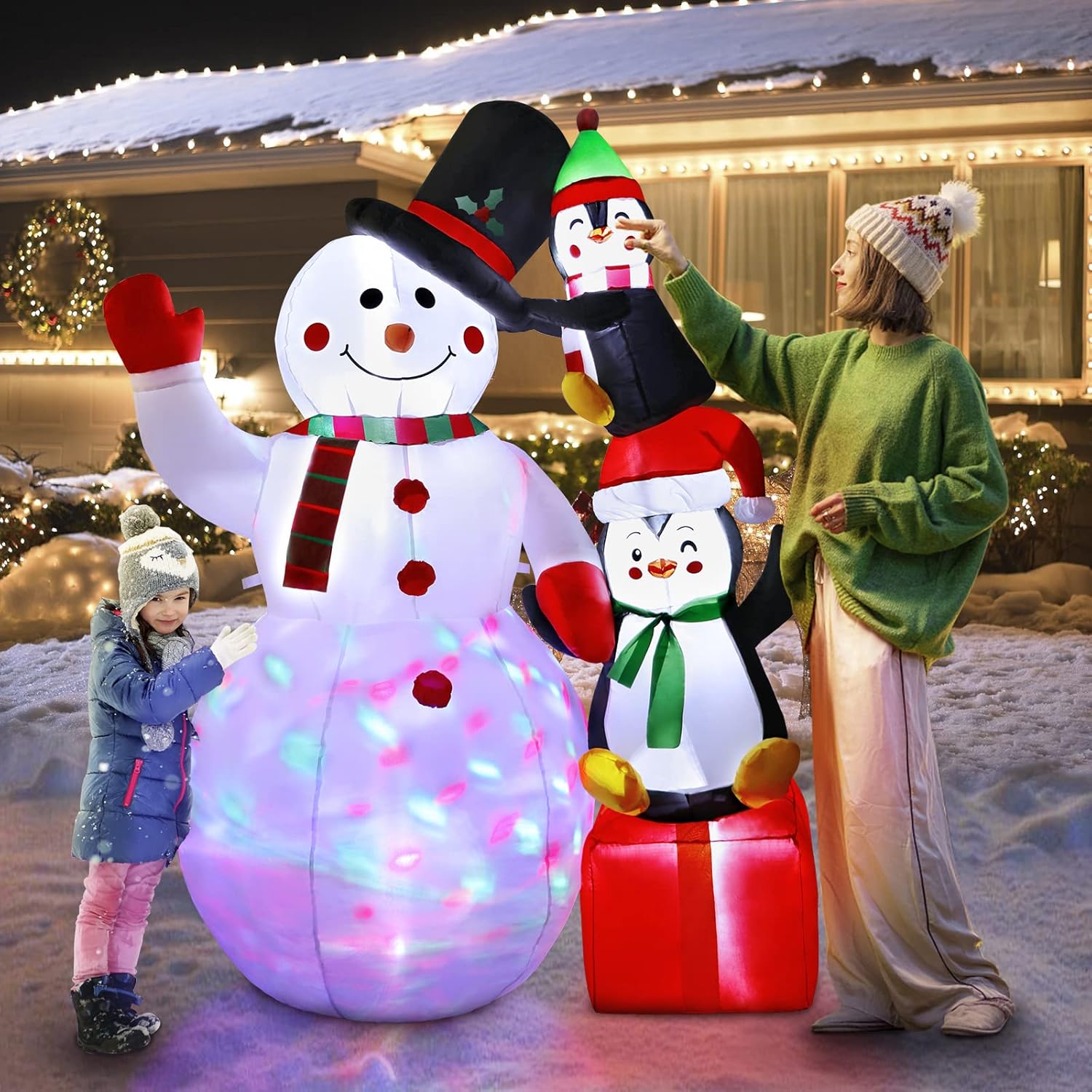 imageOurWarm 6ft Christmas Inflatables Outdoor Decorations Snowman with Penguins Blow Up Snowman Penguins Inflatable with Color Rotating LED Lights for Christmas Indoor Outdoor Yard Garden Decorations6FT Snowman Penguins Inflatable