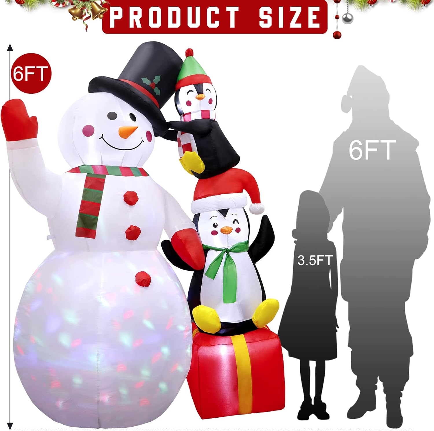 imageOurWarm 6ft Christmas Inflatables Outdoor Decorations Snowman with Penguins Blow Up Snowman Penguins Inflatable with Color Rotating LED Lights for Christmas Indoor Outdoor Yard Garden Decorations6FT Snowman Penguins Inflatable