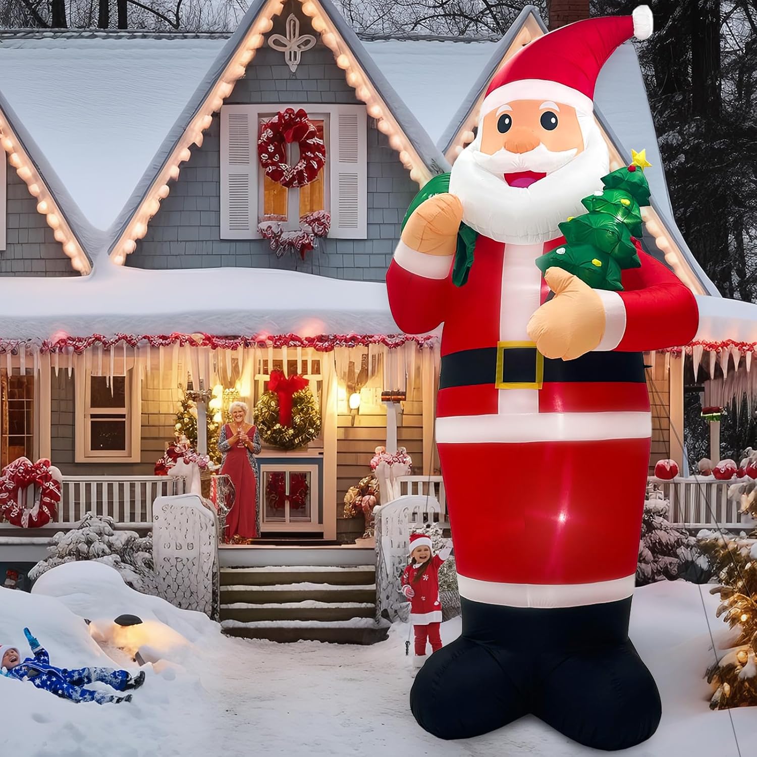 imageOurWarm 6ft Christmas Inflatables Outdoor Decorations Snowman with Penguins Blow Up Snowman Penguins Inflatable with Color Rotating LED Lights for Christmas Indoor Outdoor Yard Garden Decorations14FT Inflatable Santa Claus