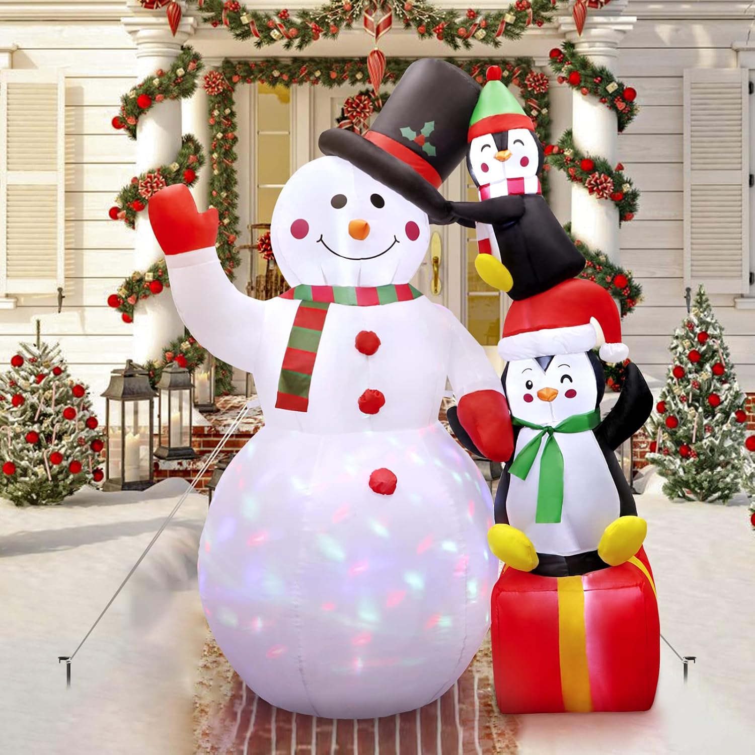 imageOurWarm 6ft Christmas Inflatables Outdoor Decorations Snowman with Penguins Blow Up Snowman Penguins Inflatable with Color Rotating LED Lights for Christmas Indoor Outdoor Yard Garden Decorations6FT Snowman Penguins Inflatable