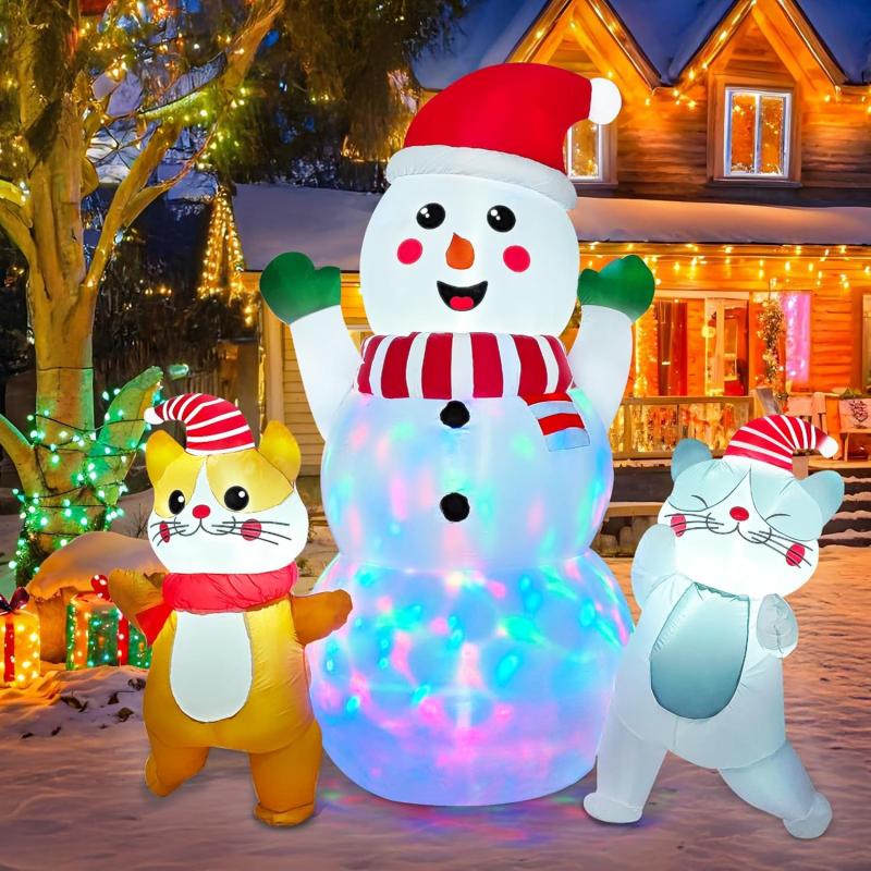 image6FT Snowman Inflatable Christmas Decorations Outdoor Christmas Blow Ups Snow Man with Cats with Colorful Rotating Led Lights for Outdoor Yard Decoration Cute Xmas Decor for Patio Garden Lawn