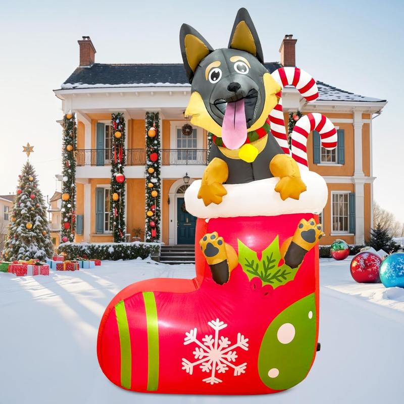imageOurWarm 6FT Christmas Inflatables Outdoor Decorations Christmas Blow Ups Dog in Xmas Stocking with Buildin LEDs and Candy Cane Inflatable Dog Christmas Decorations for Xmas Party Indoor Garden Lawninflatable dog in stocking