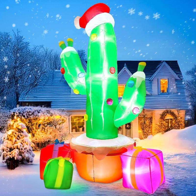imageOurWarm 8FT Cactus Christmas Tree Inflatable Christmas Inflatables Outdoor Decorations Xmas Blow Up with Gift Box Inflatable Builtin LED Lights ampamp Blower for Lawn Yard Garden Mexican Christmas Decor