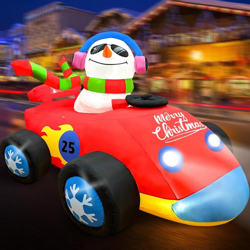 imageOurWarm 8FT Christmas Car Inflatable Snowman Cute Blow Up Snowman Driving Racecar with Builtin LED Lights and Blower Christmas Inflatables Outdoor Decorations for Lawn Yard Xmas Outside DecorSnowman Car