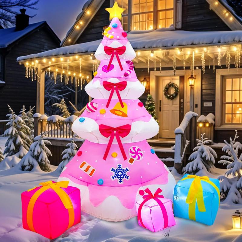 imageOurWarm 8FT Christmas Inflatable Outdoor Decoration Pink Inflatable Christmas Tree with 3 Gift Boxes Christmas Blow Ups Yard Decorations with Builtin LED Lights for Outside Xmas Garden Lawn Decor