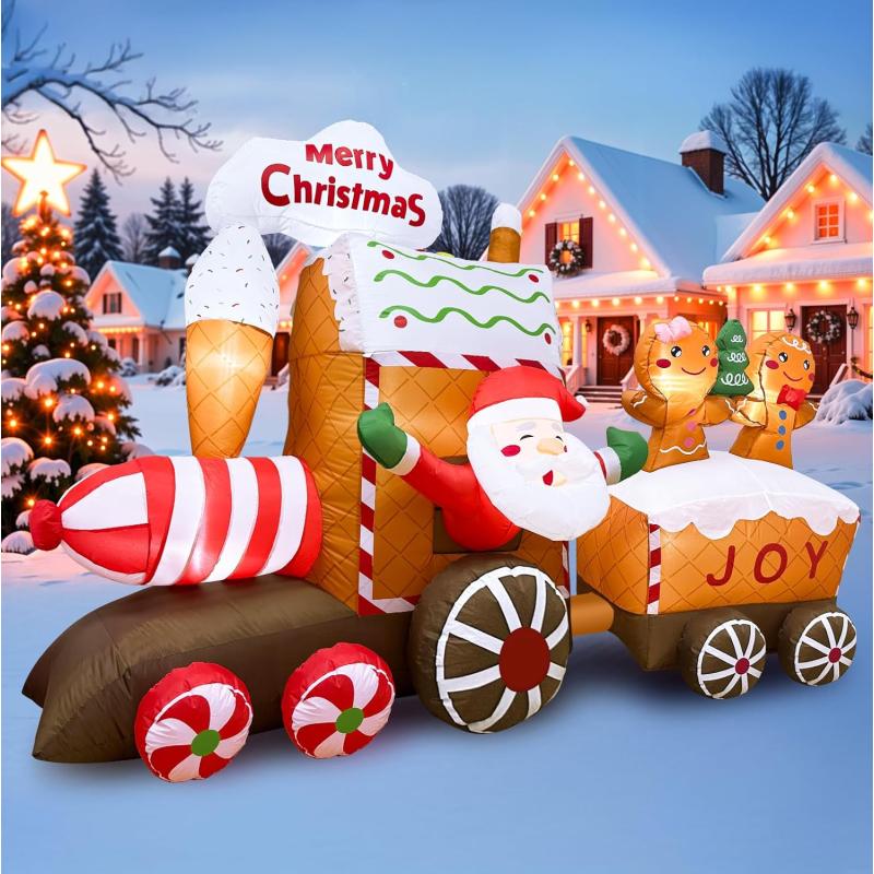 imageOurWarm 8FT Christmas Inflatable Train Gingerbread Christmas Decorations Outdoor Blow Up Yard Decorations Santa Claus Gingerbread Inflatable with Builtin LED Lights for Indoor Home Holiday Decor