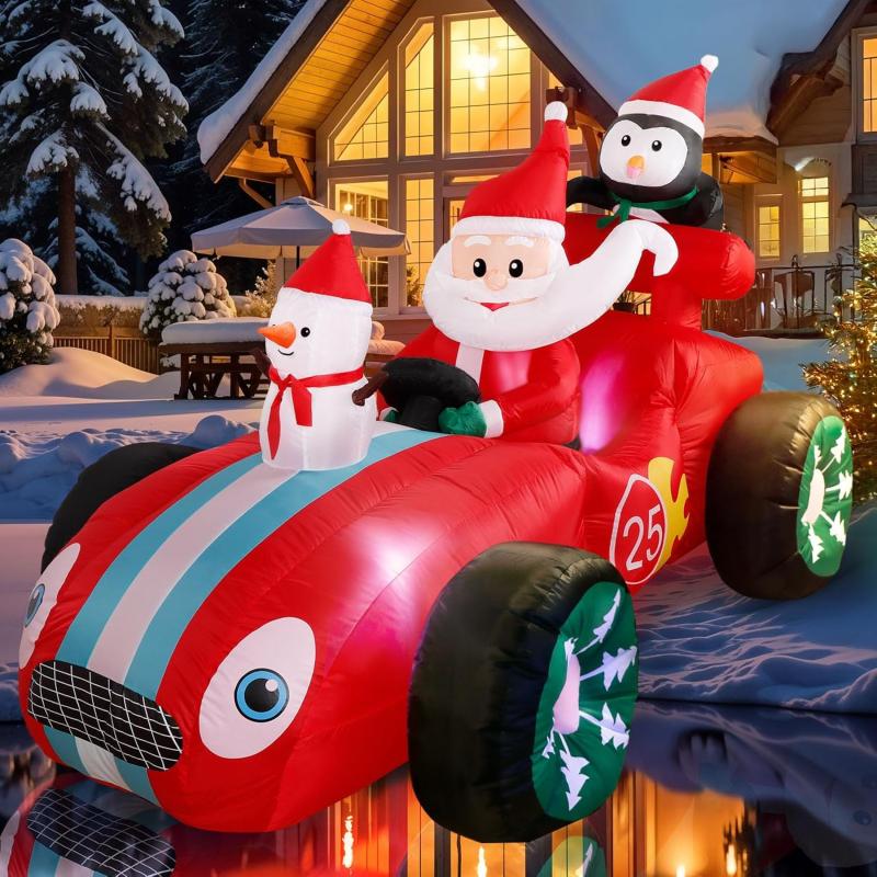 imageOurWarm 8FT Christmas Inflatables Outdoor Decorations Blow Up Santa Claus Drives Race Car with Snowman Penguin Inflatable Decorations with Builtin LED Lights for Xmas Holiday Yard Garden Lawn DecorSanta Claus Drives Race Car with Snowman Penguin