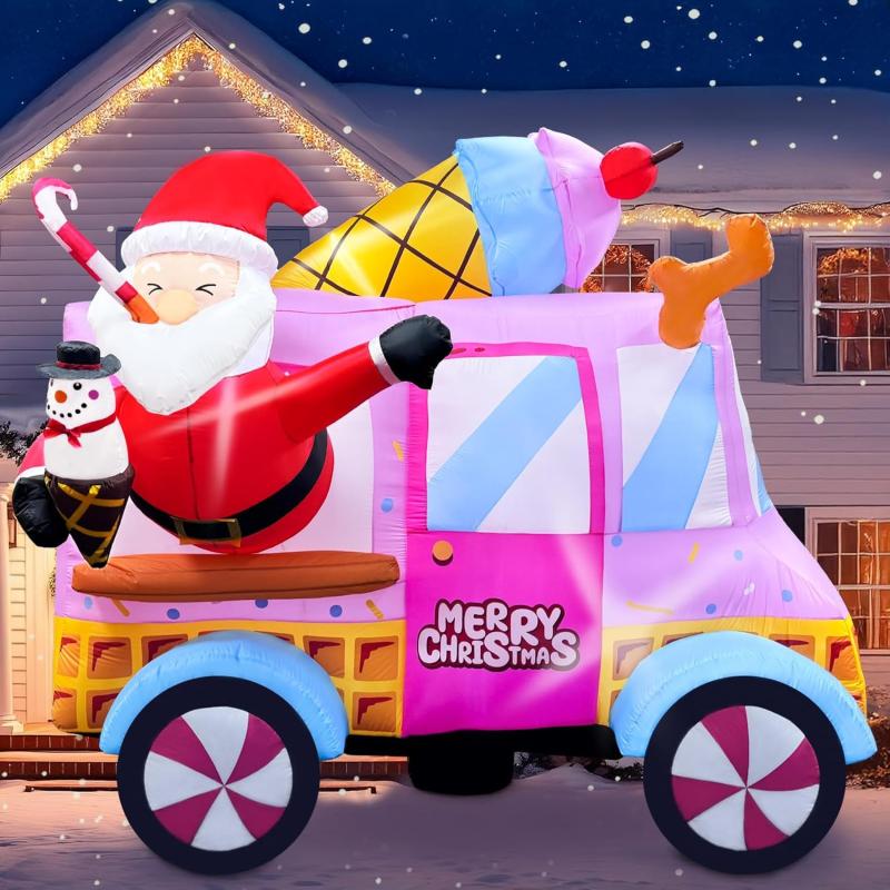 imageOurWarm 8FT Santa Ice Cream Truck Inflatable Cute Christmas Inflatable Outdoor Decoration Santa Claus Blow Up Snowman Cone in Giant Pink Van with Builtin LEDs ampamp Blower for Yard Xmas Party Decor