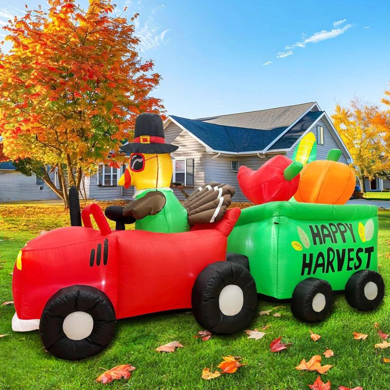 imageOurWarm 9FT Thanksgiving Inflatables Turkey Driving Tractor with Bumper Harvest Trailer Blow Up Turkey Inflatable Thanksgiving Yard Decor with Builtin LEDs for Fall Inflatables Outdoor DecorationsTurkey Tractor