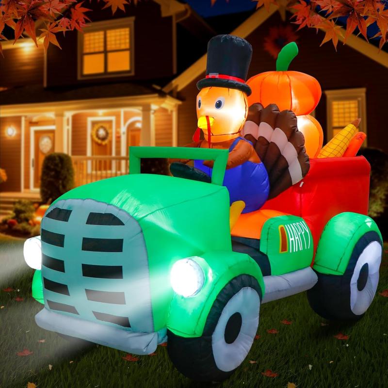 imageOurWarm 9FT Thanksgiving Inflatables Turkey Driving Tractor with Bumper Harvest Trailer Blow Up Turkey Inflatable Thanksgiving Yard Decor with Builtin LEDs for Fall Inflatables Outdoor DecorationsTurkey Car