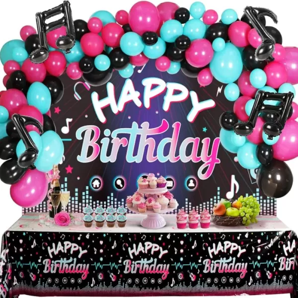 imageOurWarm 130 Pcs Tik Tok Birthday Party Decorations Music Happy Birthday Decorations Tiktok Party Theme Party Supplies Includes Happy Birthday Banner Balloons Arch Tablecloth for Birthday Decor