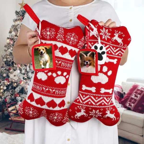 imageOurWarm 2Pcs Dog Christmas Stockings Red Knit Dog Stockings with Picture Frame Large Bone Shape Pet Stockings for Dogs Christmas Holiday Decoration