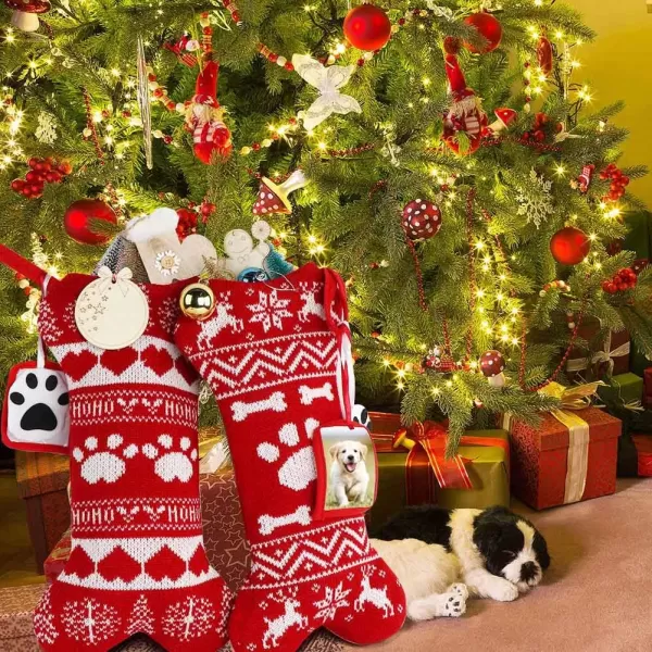 imageOurWarm 2Pcs Dog Christmas Stockings Red Knit Dog Stockings with Picture Frame Large Bone Shape Pet Stockings for Dogs Christmas Holiday Decoration