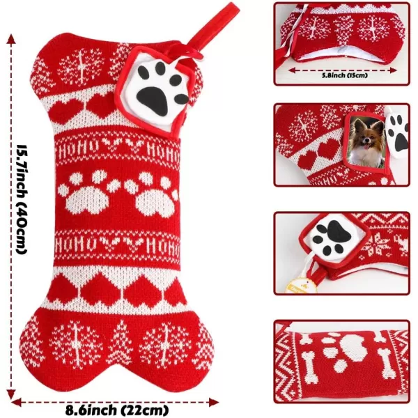 imageOurWarm 2Pcs Dog Christmas Stockings Red Knit Dog Stockings with Picture Frame Large Bone Shape Pet Stockings for Dogs Christmas Holiday Decoration