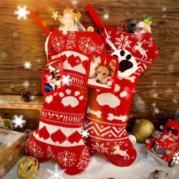 imageOurWarm 2Pcs Dog Christmas Stockings Red Knit Dog Stockings with Picture Frame Large Bone Shape Pet Stockings for Dogs Christmas Holiday Decoration