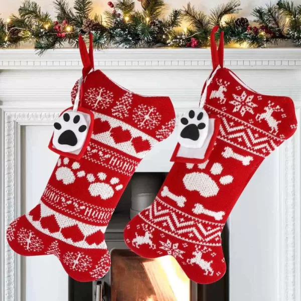 imageOurWarm 2Pcs Dog Christmas Stockings Red Knit Dog Stockings with Picture Frame Large Bone Shape Pet Stockings for Dogs Christmas Holiday Decoration