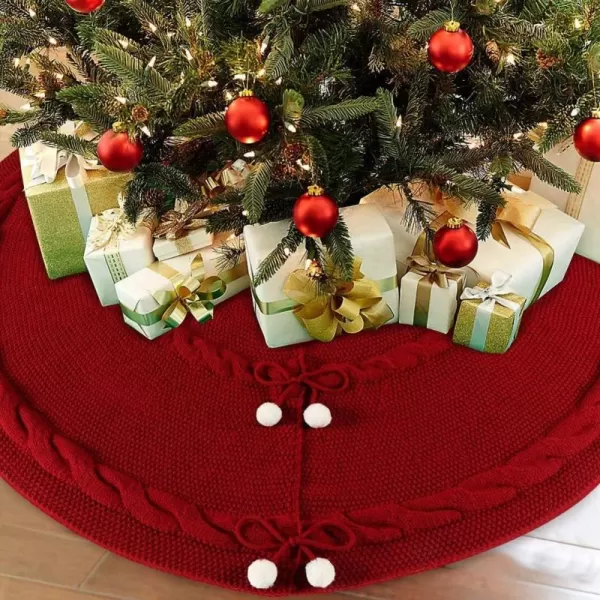 imageOurWarm Knitted Christmas Tree Skirt 48 Inch Large Red Tree Skirt for Christmas Decorations Holiday Luxury Thick Tree Xmas OrnamentsRed