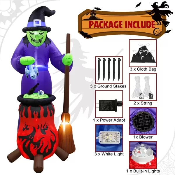 imageOurWarm 8FT Halloween Inflatables Outdoor Decorations Inflatables Witch with AutoRotation Cauldron Blow Up Yard Decorations with Buildin LED Lights for Halloween Yard Garden Lawn Decorations
