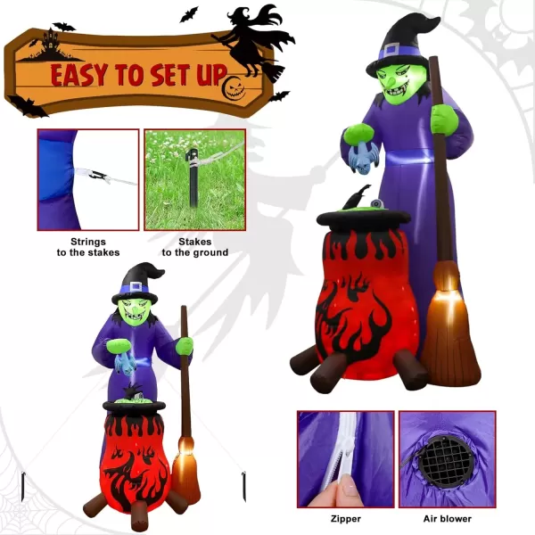 imageOurWarm 8FT Halloween Inflatables Outdoor Decorations Inflatables Witch with AutoRotation Cauldron Blow Up Yard Decorations with Buildin LED Lights for Halloween Yard Garden Lawn Decorations