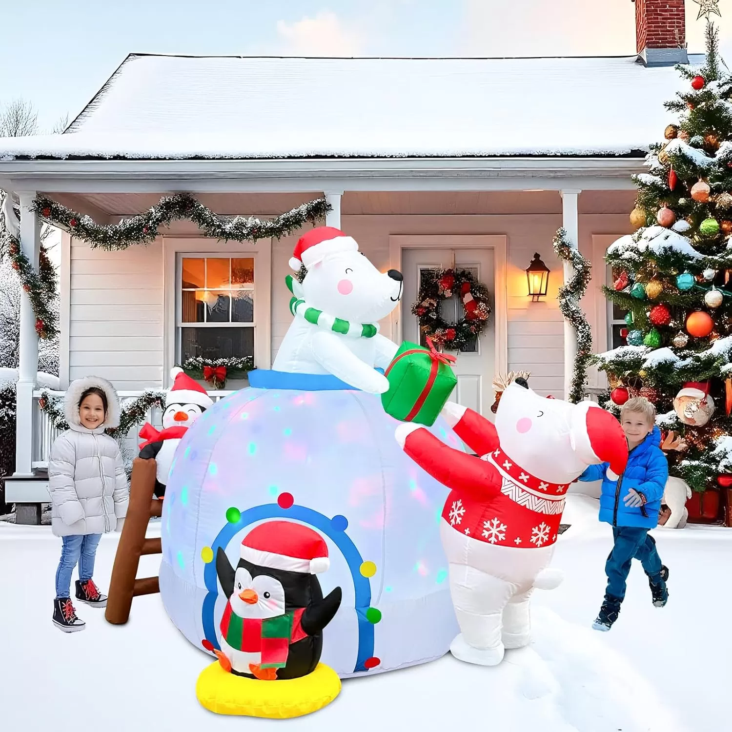 imageOurWarm 6FT Christmas Inflatables Polar Bear Family Igloo Christmas Decorations Cute Christmas Blow Ups Polar Bear Decor Builtin Rotating Colorful LED Lights for Yard Lawn Outdoor Christmas Decor
