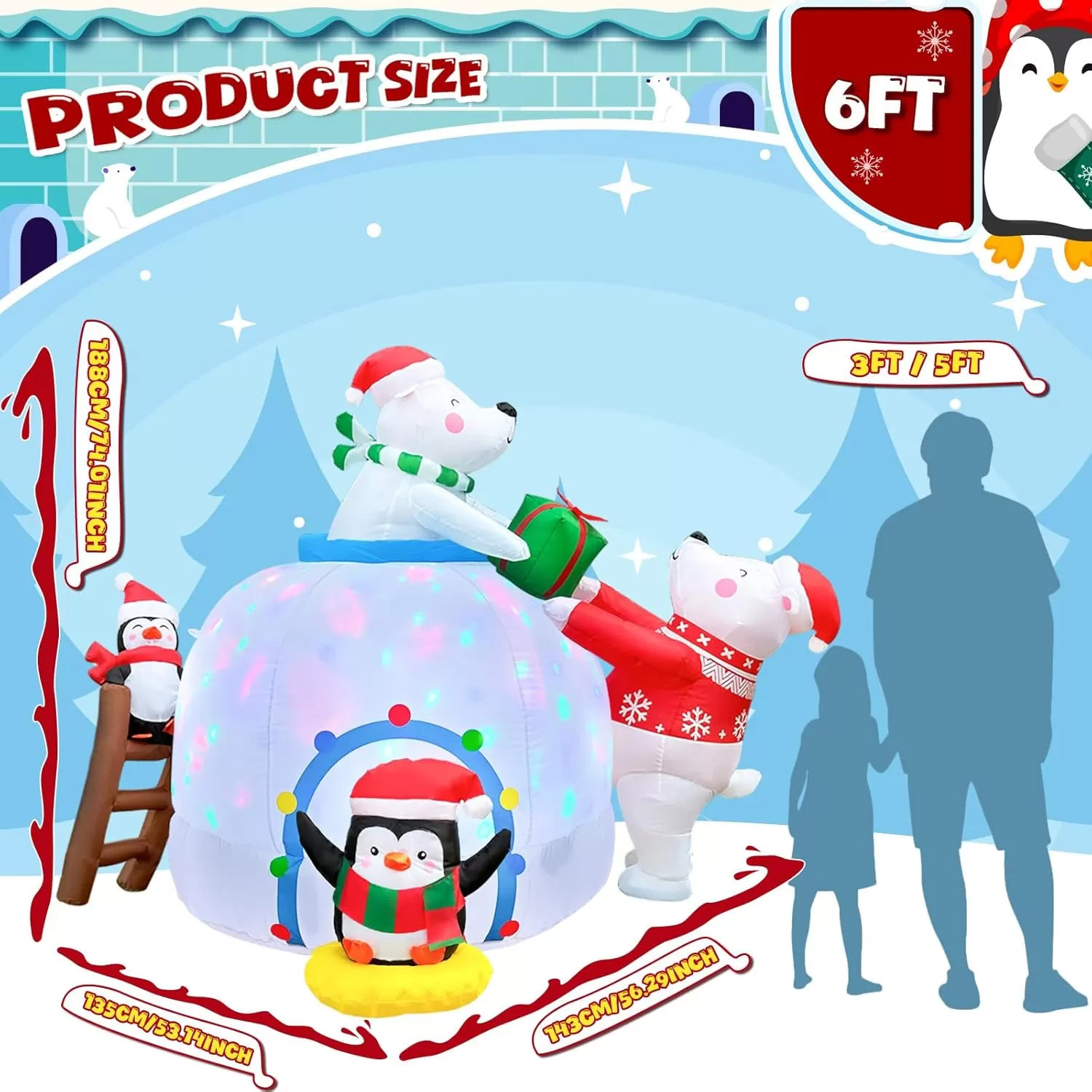 imageOurWarm 6FT Christmas Inflatables Polar Bear Family Igloo Christmas Decorations Cute Christmas Blow Ups Polar Bear Decor Builtin Rotating Colorful LED Lights for Yard Lawn Outdoor Christmas Decor