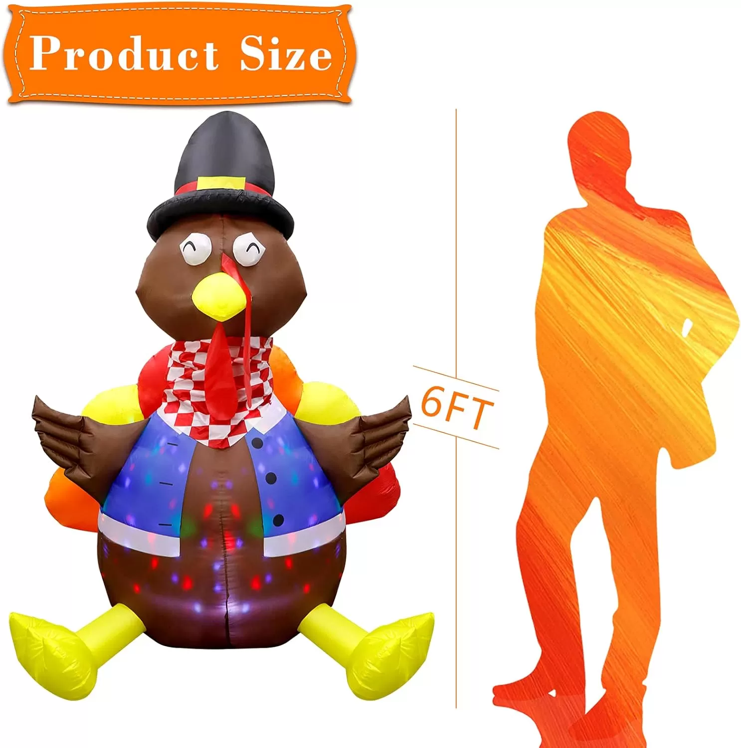 imageOurWarm 6ft Thanksgiving Inflatable Turkey Decorations Outdoor Blow Up Turkey Inflatable with Colorful Rotating LEDs for Indoor Outdoor Fall Yard Lawn Party Decor