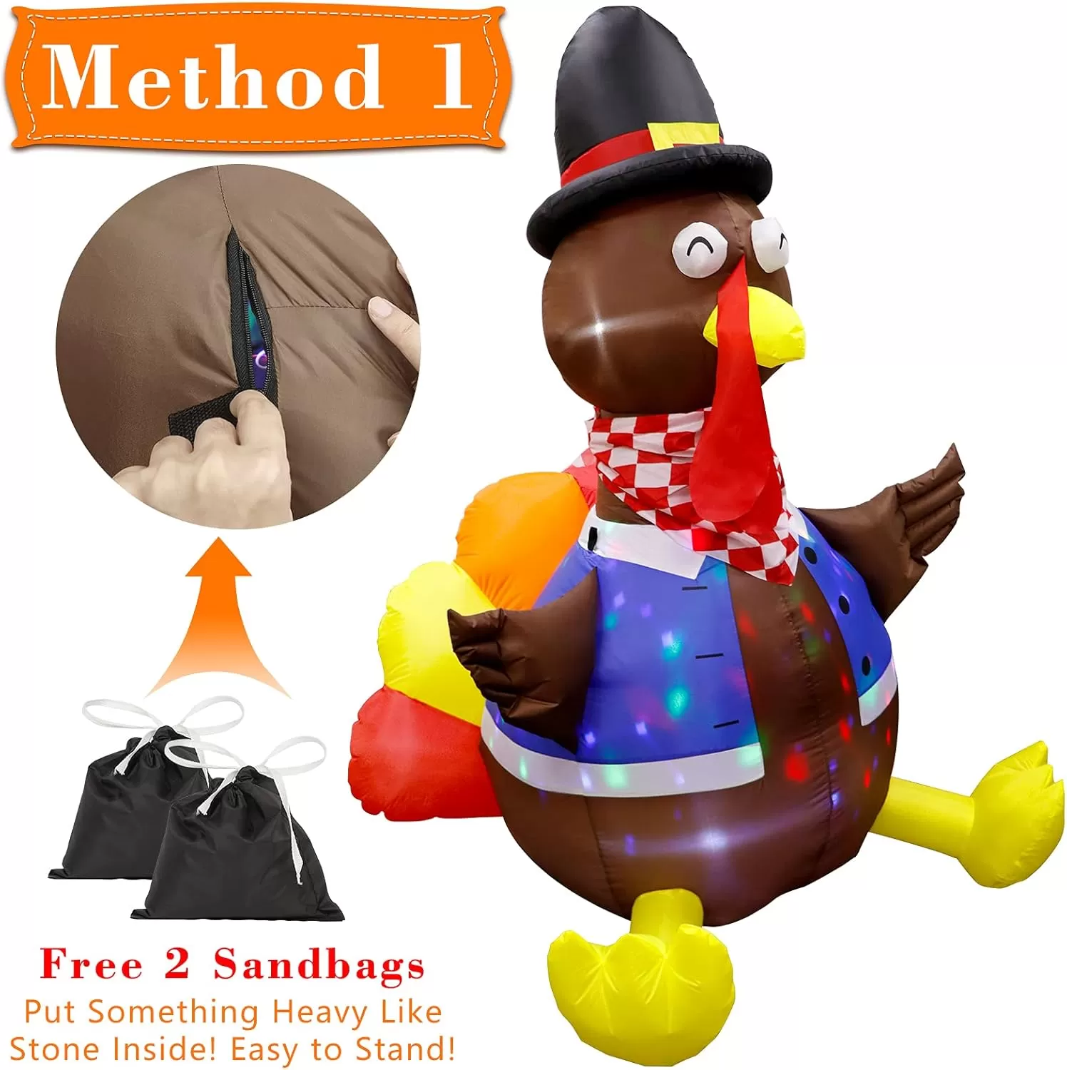 imageOurWarm 6ft Thanksgiving Inflatable Turkey Decorations Outdoor Blow Up Turkey Inflatable with Colorful Rotating LEDs for Indoor Outdoor Fall Yard Lawn Party Decor