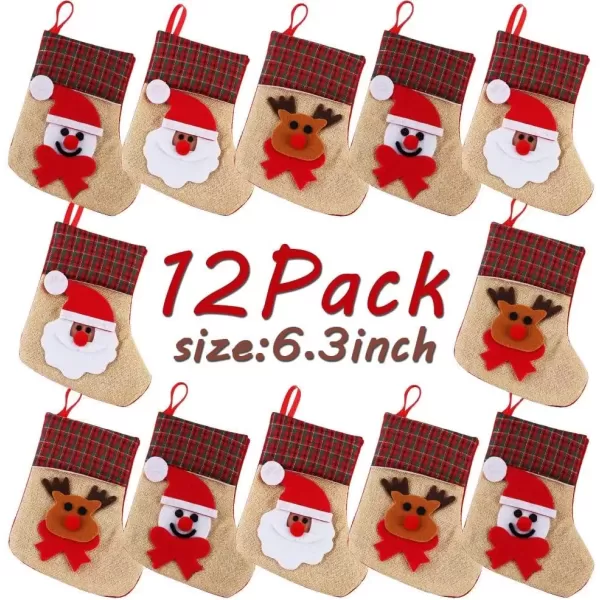 imageOurWarm 12PCS Mini Christmas Stockings 3D Small Christmas Stocking Bulk Burlap Cutlery Holders Tableware Bags Santa Snowman Reindeer Christmas Stockings for Xmas Party Table Decorations