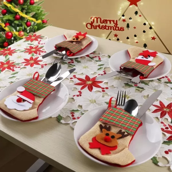 imageOurWarm 12PCS Mini Christmas Stockings 3D Small Christmas Stocking Bulk Burlap Cutlery Holders Tableware Bags Santa Snowman Reindeer Christmas Stockings for Xmas Party Table Decorations