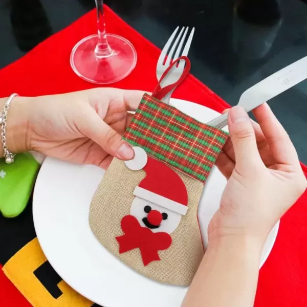 imageOurWarm 12PCS Mini Christmas Stockings 3D Small Christmas Stocking Bulk Burlap Cutlery Holders Tableware Bags Santa Snowman Reindeer Christmas Stockings for Xmas Party Table Decorations