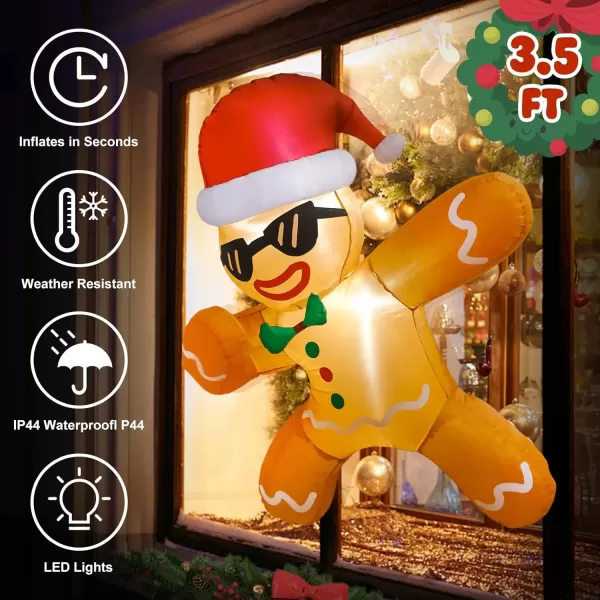 imageOurWarm 35Ft Christmas Outdoor Decoration Christmas Inflatables Gingerbread Man with Xmas Hat Builtin LED Lights Christmas Blow up Gingerbread Broke Out from Window for Outside Indoor Yard Garden