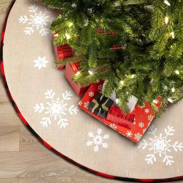 imageOurWarm 48 Inch Christmas Tree Skirt Red and Black Buffalo Plaid Tree Skirt Double Sided Burlap Christmas Tree Skirt Snowflake Xmas Tree Skirt for Rustic Christmas Holiday Decorations