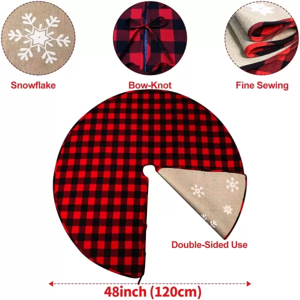 imageOurWarm 48 Inch Christmas Tree Skirt Red and Black Buffalo Plaid Tree Skirt Double Sided Burlap Christmas Tree Skirt Snowflake Xmas Tree Skirt for Rustic Christmas Holiday Decorations