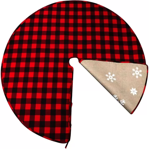 imageOurWarm 48 Inch Christmas Tree Skirt Red and Black Buffalo Plaid Tree Skirt Double Sided Burlap Christmas Tree Skirt Snowflake Xmas Tree Skirt for Rustic Christmas Holiday Decorations