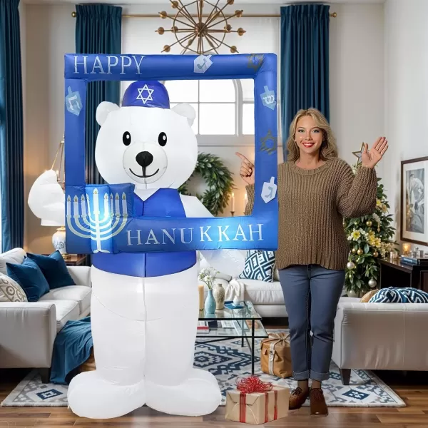 imageOurWarm 64 FT Hanukkah Inflatable Outdoor Holiday Yard Decorations Frame with Polar Bear Decor Hanukkah Inflatables Outdoor with LEDs Holiday Blow Ups for Yard Blow Up Decorations Photo Props