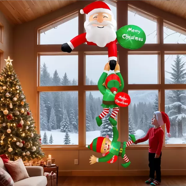 imageOurWarm 8 FT Hanging Christmas Inflatable Outdoor Decorations Climbing Santa Claus Pulling Elves Santa Blow Up Christmas Decorations Outdoor with Buildin LEDs for Windows Eaves Roofs Decor