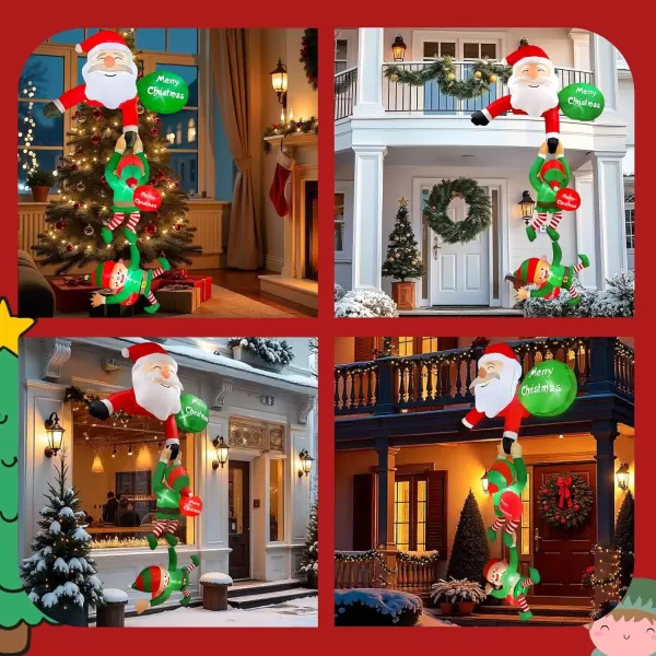 imageOurWarm 8 FT Hanging Christmas Inflatable Outdoor Decorations Climbing Santa Claus Pulling Elves Santa Blow Up Christmas Decorations Outdoor with Buildin LEDs for Windows Eaves Roofs Decor