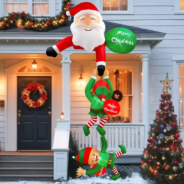 imageOurWarm 8 FT Hanging Christmas Inflatable Outdoor Decorations Climbing Santa Claus Pulling Elves Santa Blow Up Christmas Decorations Outdoor with Buildin LEDs for Windows Eaves Roofs Decor