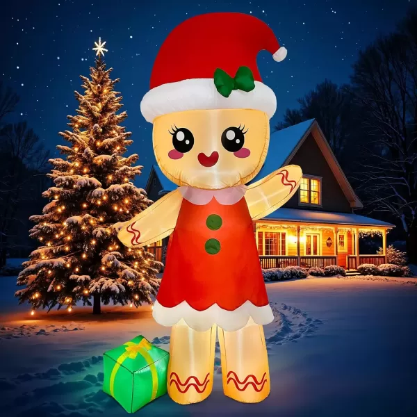 imageOurWarm Christmas Inflatables Outdoor Decorations Gingerbread Man 8FT Inflatable Christmas Yard Decorations with Buildin 8 LEDs Christmas Blowup Yard Decorations for Outdoor Indoor Lawn GardenGingerbread Girl