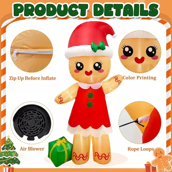 imageOurWarm Christmas Inflatables Outdoor Decorations Gingerbread Man 8FT Inflatable Christmas Yard Decorations with Buildin 8 LEDs Christmas Blowup Yard Decorations for Outdoor Indoor Lawn GardenGingerbread Girl