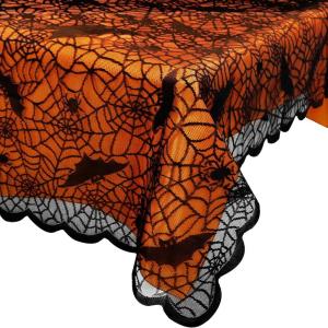 imageOurWarm 2PCS Halloween Tablecloth Rectangular Polyester Black Lace ampamp Orange Lined Tablecloth Spider Web Table Cover for Scary Halloween Table Decorations 60 x 84 InchBlackorange