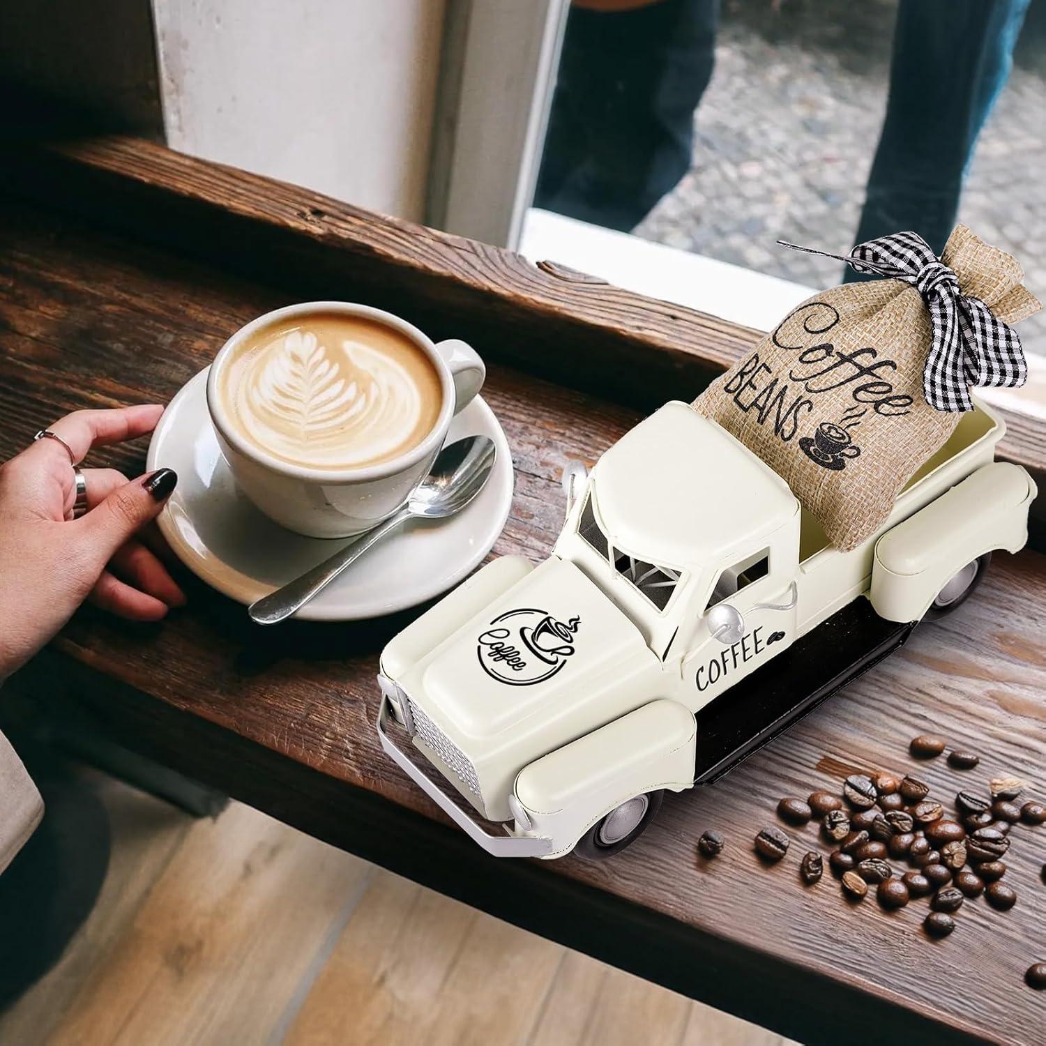 imageOurWarm Coffee Decor for Coffee Bar White Metal Truck Decor with Coffee Beans Burlap Sack Vintage Pickup Coffee Station Decor for Rustic Farmhouse Country Home Kitchen Tabletop Decorations