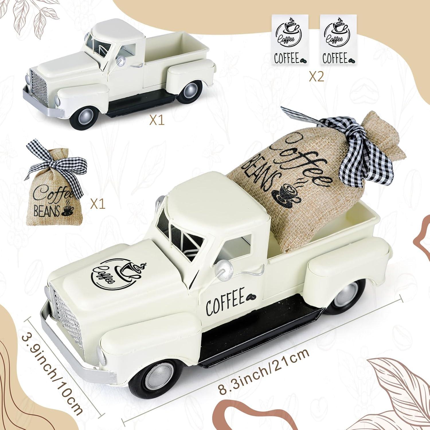 imageOurWarm Coffee Decor for Coffee Bar White Metal Truck Decor with Coffee Beans Burlap Sack Vintage Pickup Coffee Station Decor for Rustic Farmhouse Country Home Kitchen Tabletop Decorations