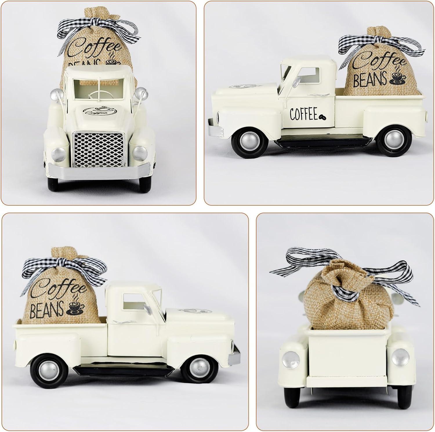 imageOurWarm Coffee Decor for Coffee Bar White Metal Truck Decor with Coffee Beans Burlap Sack Vintage Pickup Coffee Station Decor for Rustic Farmhouse Country Home Kitchen Tabletop Decorations