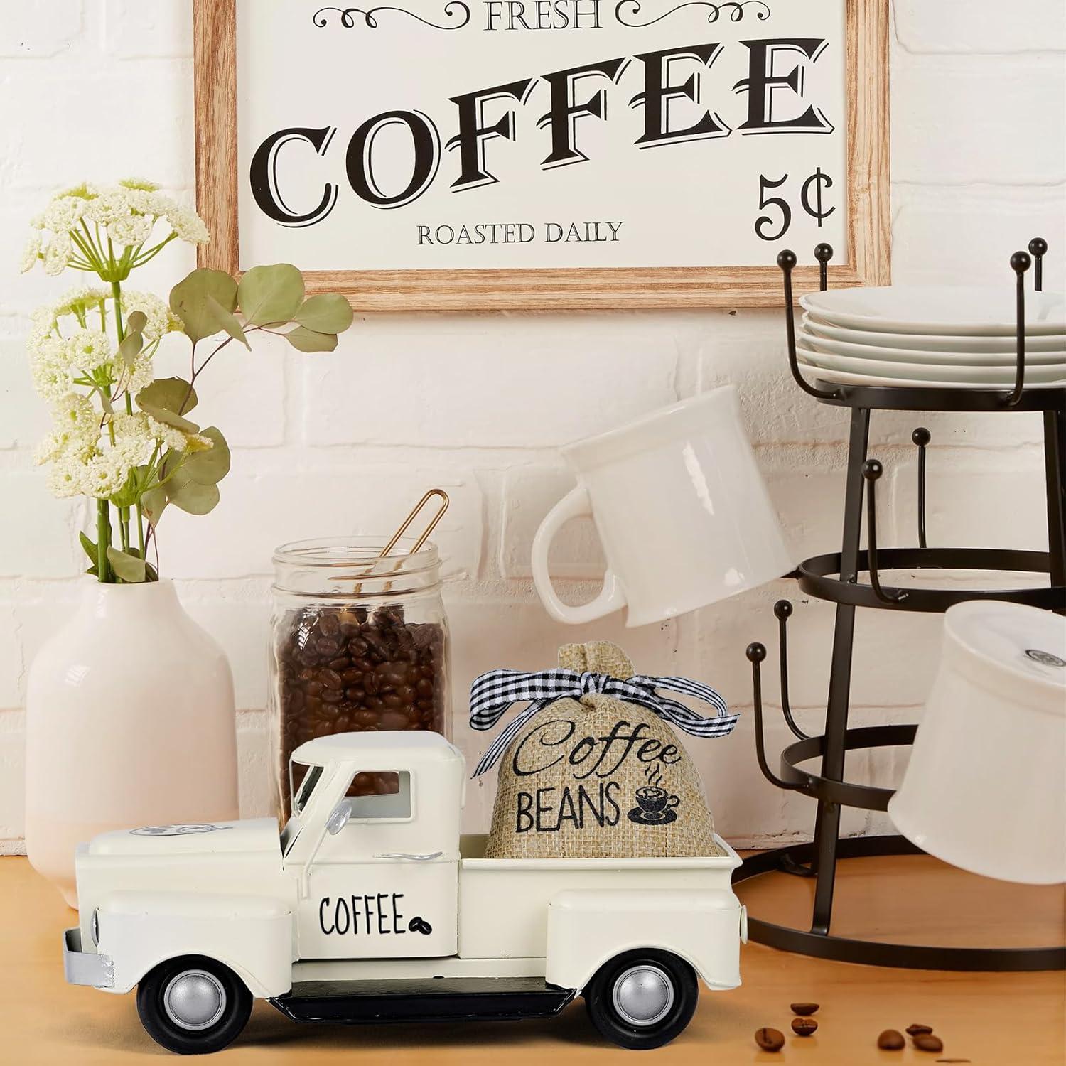 imageOurWarm Coffee Decor for Coffee Bar White Metal Truck Decor with Coffee Beans Burlap Sack Vintage Pickup Coffee Station Decor for Rustic Farmhouse Country Home Kitchen Tabletop Decorations