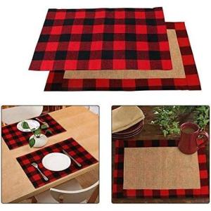 imageOurWarm 6pcs Buffalo Plaid Placemats Red and Black Buffalo Check Placemats Reversible Cotton Burlap Christmas Placemats for Home Holiday Christmas Table Decorations 12 x 18 Inch