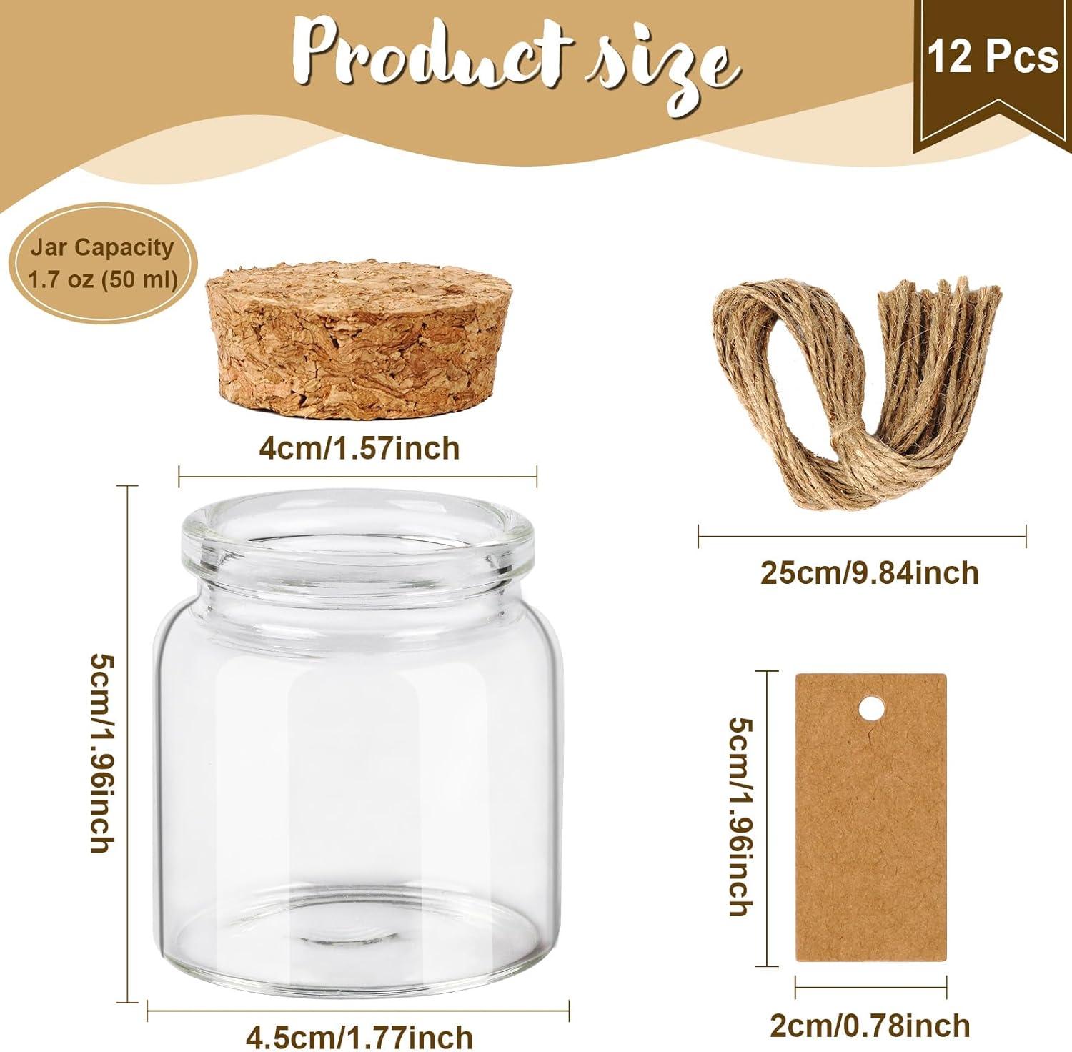 imageOurWarm 12 Pack Mini Jars with Lids 17OZ Small Glass Bottles with Cork Tag Label and Twine Versatile Small Glass Jars for Candy Potion Spice DIY Crafts Gift Birthday Wedding Party Decorations12pcs  50ml
