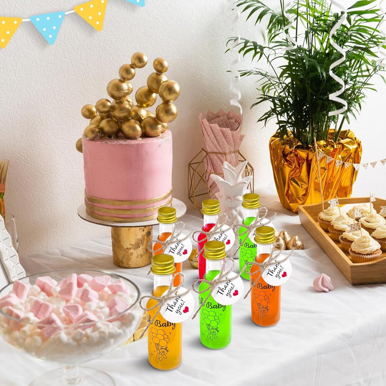 imageOurWarm 50 Pack Baby Shower Mini Liquor Bottles 17oz Empty Plastic Shot Bottles with Gold Screw Caps Funnels Tags ampamp Twines for Juice Wine Alcohol Juicing Ginger Shots Gender Reveal Party FavorsBaby Shower Bottles